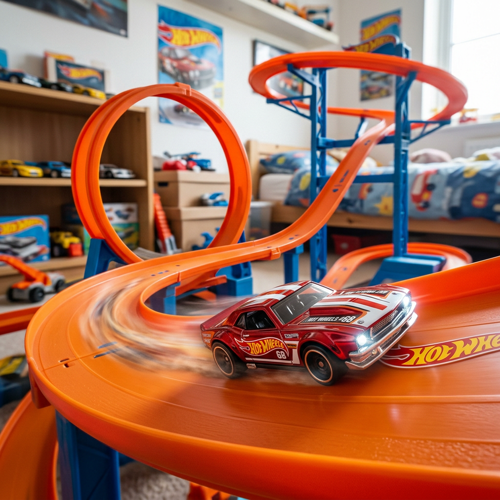 Red Hot Wheels toy car racing on an orange track with loops inside a child’s bedroom
