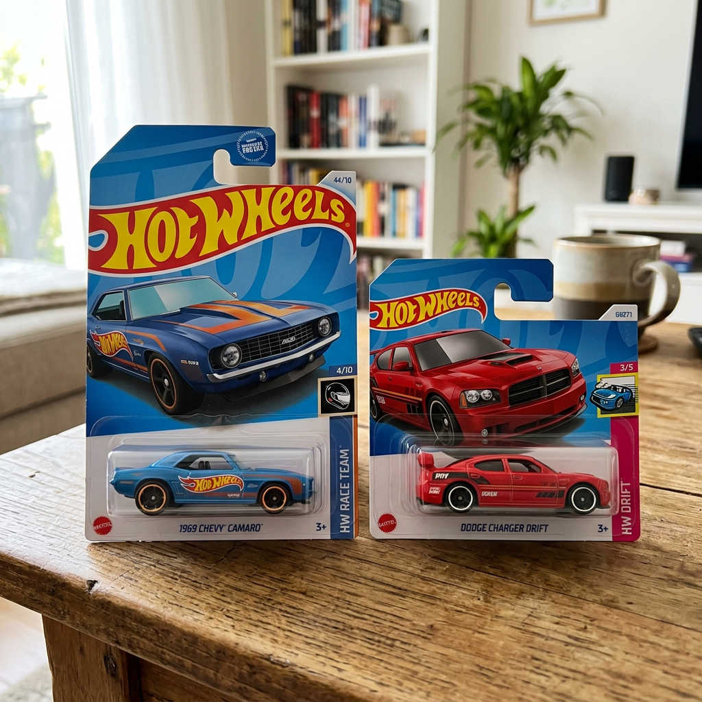Packaged Hot Wheels 1969 Chevy Camaro and Dodge Charger Drift toy cars on a wooden table